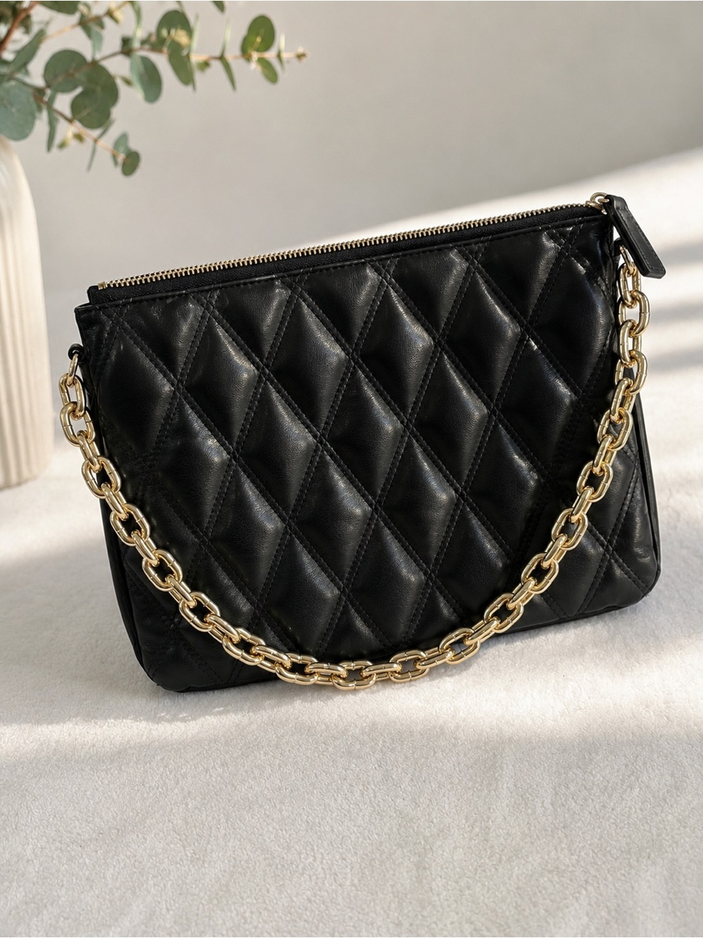 H&M Quilted Black Shoulder Bag with Gold Chain Strap